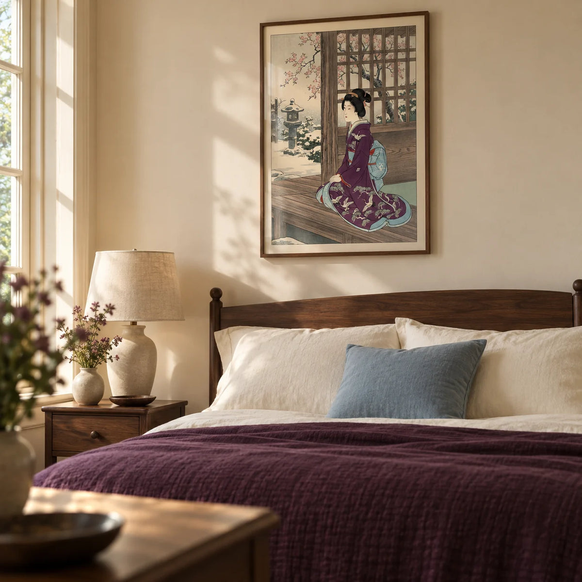 Hasui Kawase Geisha Print, framed on the wall of a restful bedroom in a UK period home with warm cream walls