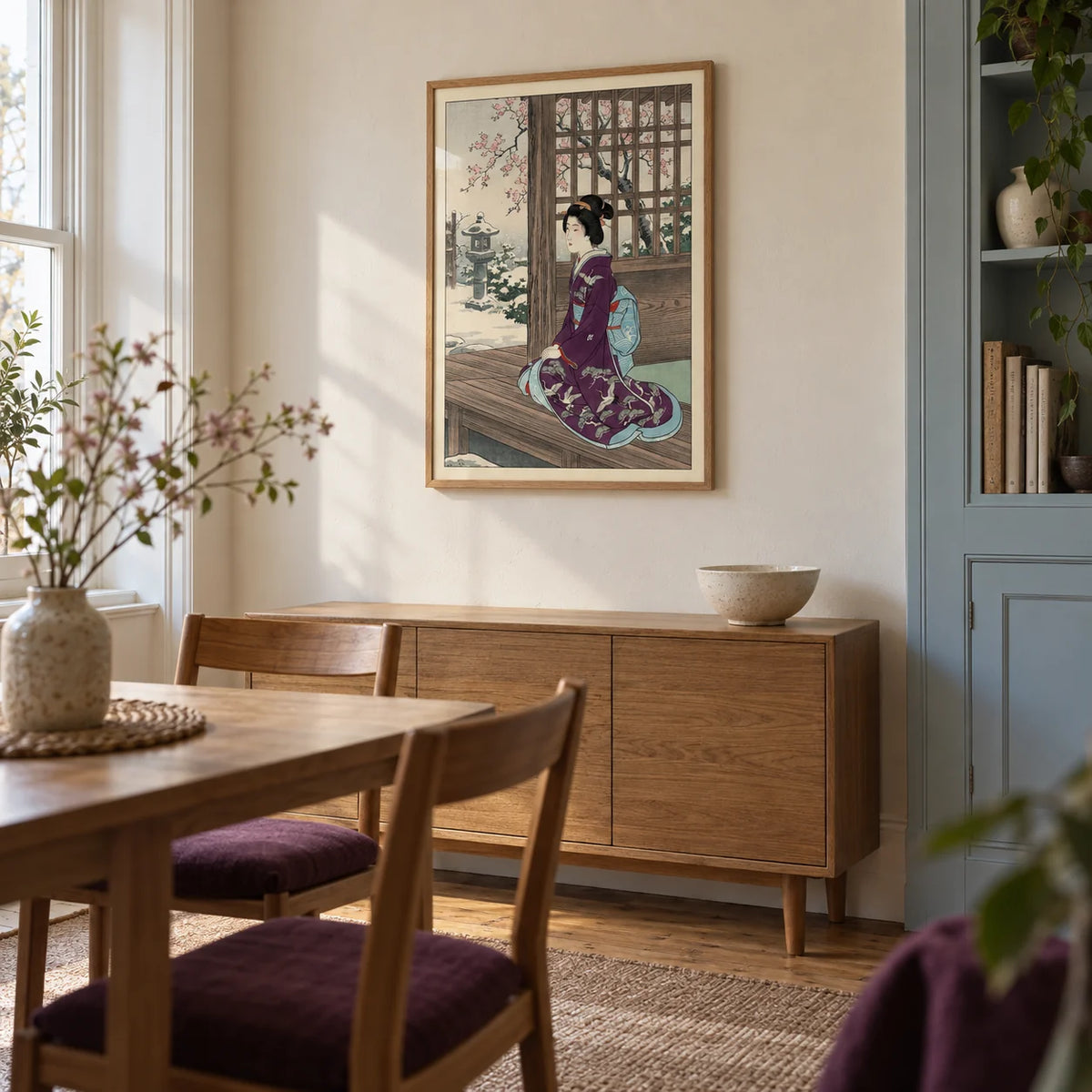 Hasui Kawase Geisha Print, framed on the wall of a small Japanese-influenced dining room in a UK maisonette with cream plaster walls and a built-in pale blue cupboard