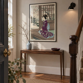 Hasui Kawase Geisha Print, framed on the wall of a welcoming hallway in a UK terraced house with pale warm grey walls and brown timber floorboards