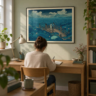Hasui Kawase Japanese Woodblock, framed on the wall of a compact home study in a UK flat with a muted pale green wall