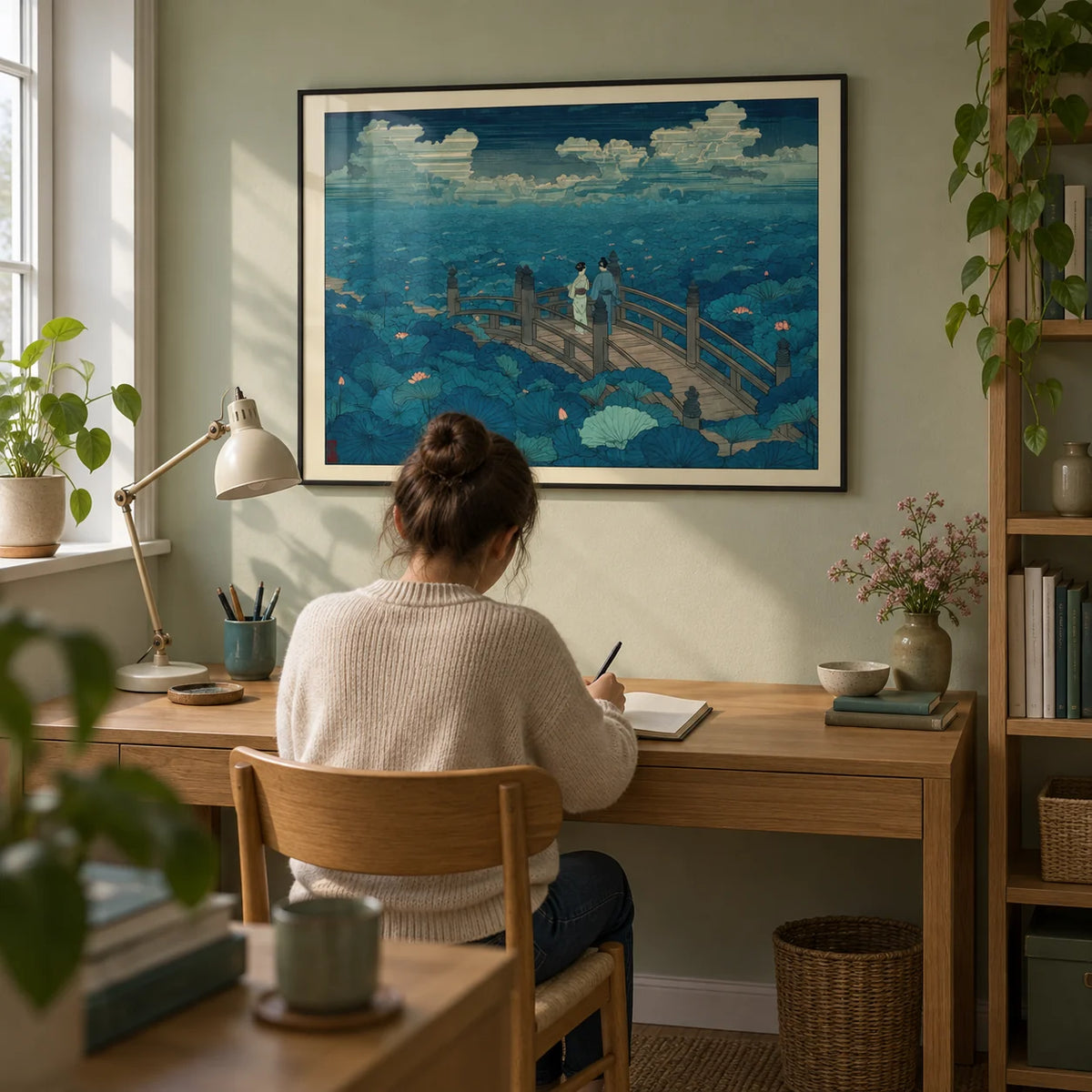 Hasui Kawase Japanese Woodblock, framed on the wall of a compact home study in a UK flat with a muted pale green wall