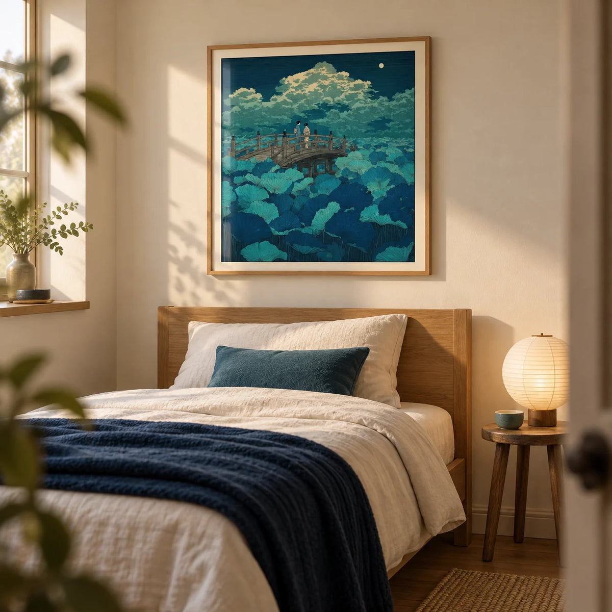 Hasui Kawase Japanese Woodblock Lotus, framed on the wall of a calm single guest bedroom with a pale sand wall