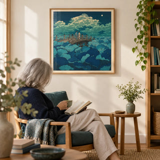 Hasui Kawase Japanese Woodblock Lotus, framed on the wall of a peaceful reading corner with a warm white wall in a living room