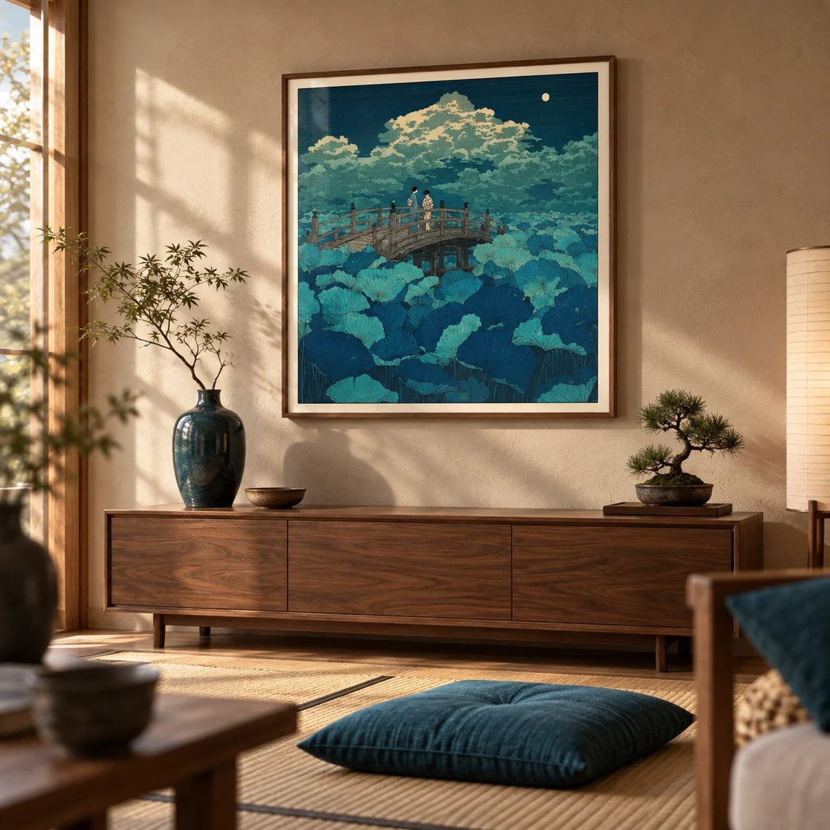 Hasui Kawase Japanese Woodblock Lotus, framed on the wall of a quiet Japanese-modern living room with a soft clay wall