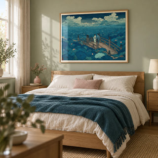 Hasui Kawase Japanese Woodblock, framed on the wall of a peaceful main bedroom in a UK home with a pale green wall and natural oak furniture