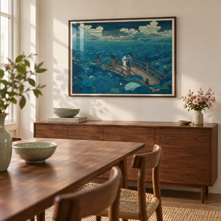 Hasui Kawase Japanese Woodblock, framed on the wall of a quiet dining room in a design-conscious UK flat with a warm white wall and a wide walnut sideboard
