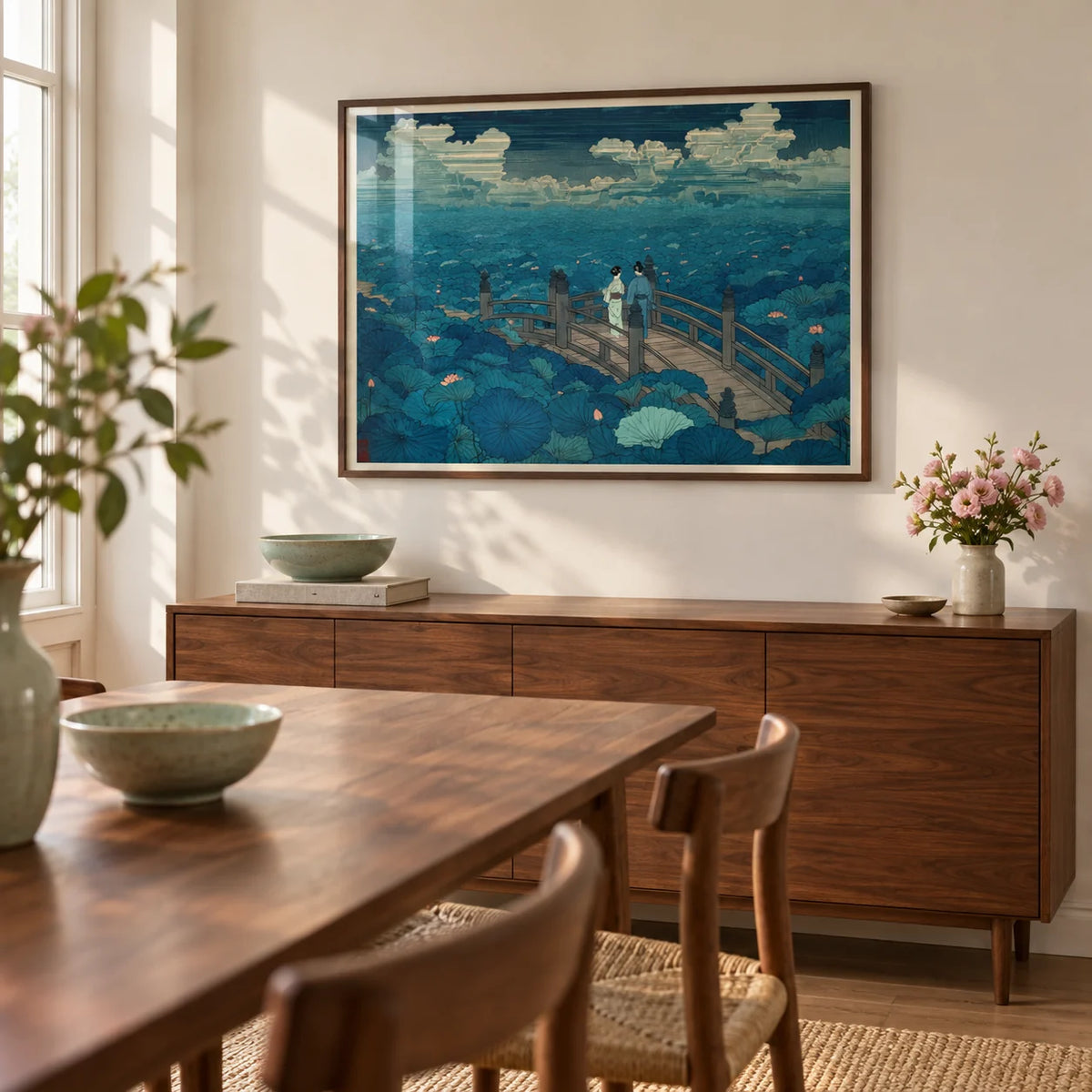 Hasui Kawase Japanese Woodblock, framed on the wall of a quiet dining room in a design-conscious UK flat with a warm white wall and a wide walnut sideboard