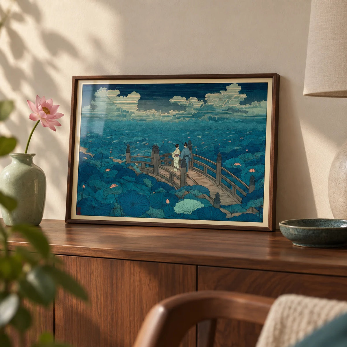 Hasui Kawase Japanese Woodblock, a small A4 framed print leaning on a walnut side table in a hallway