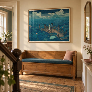 Hasui Kawase Japanese Woodblock, framed on the wall of a welcoming hallway in a Victorian UK terrace with warm cream walls and natural timber floorboards