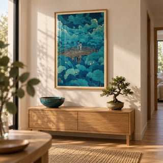 Hasui Kawase Lotus Pond Print, framed on the wall of a calm hallway with a warm white wall and a light oak floor