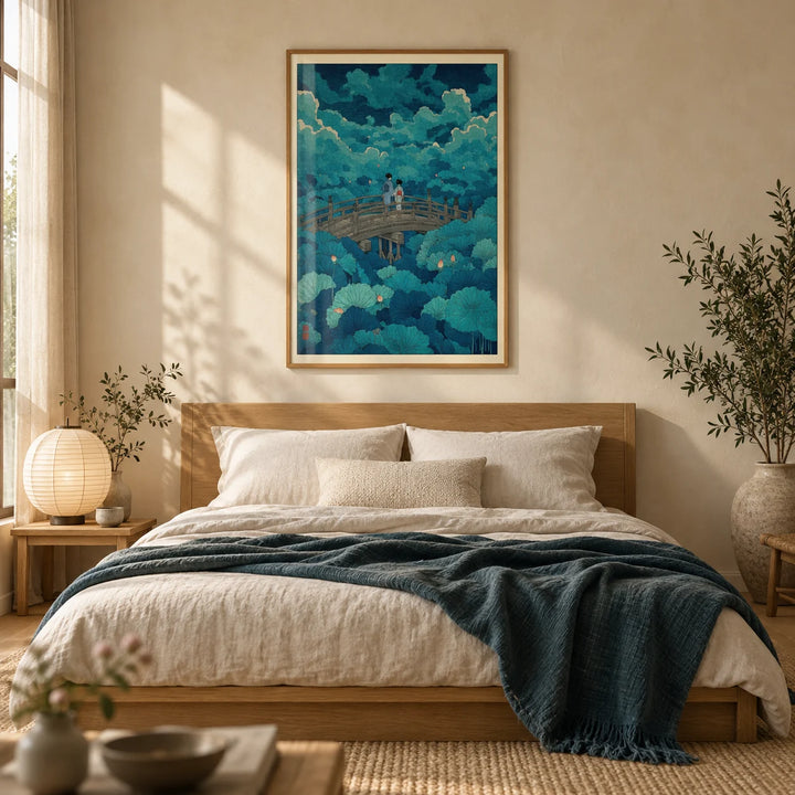 Hasui Kawase Lotus Pond Print, framed on the wall of a calm Japandi bedroom with a warm cream limewashed wall
