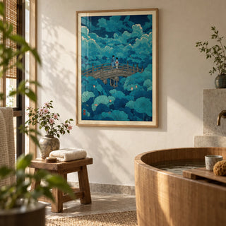 Hasui Kawase Lotus Pond Print, framed on the wall of a calm Japanese-inspired bathroom with a warm white plaster wall