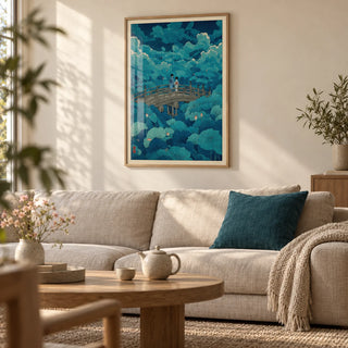 Hasui Kawase Lotus Pond Print, framed on the wall of a calm living room with a soft cream wall and a pale oak floor