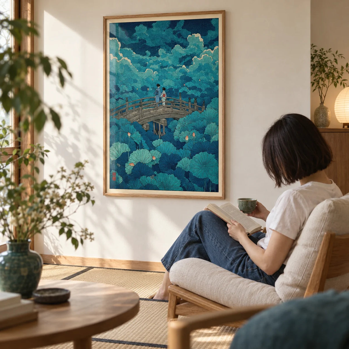 Hasui Kawase Lotus Pond Print, framed on the wall of a quiet reading nook with a warm white wall and a tatami-style mat in a living room