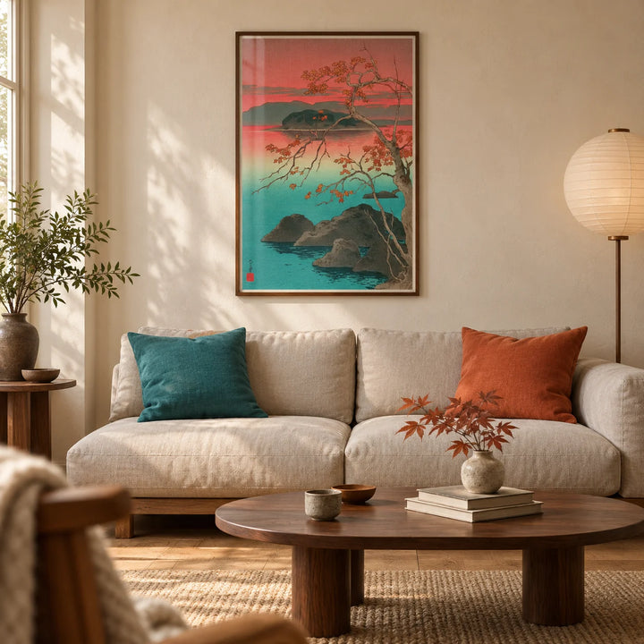 Hasui Kawase Maple Leaves Print, framed on the wall of a calm Japanese-influenced living room in a Victorian terrace with warm ivory plaster walls and an oak floor