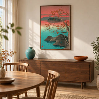 Hasui Kawase Maple Leaves Print, framed on the wall of a modest Japanese-influenced dining room in a UK flat with ivory walls and a pale timber floor