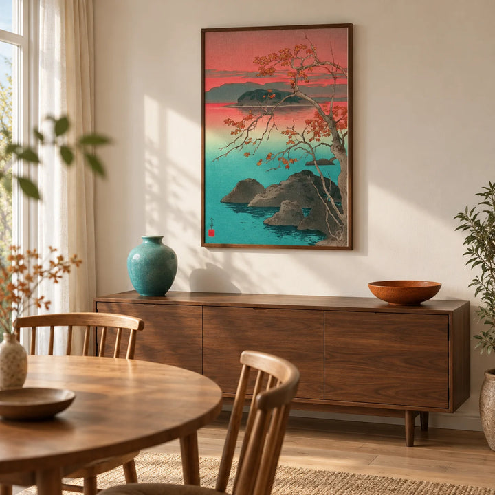 Hasui Kawase Maple Leaves Print, framed on the wall of a modest Japanese-influenced dining room in a UK flat with ivory walls and a pale timber floor