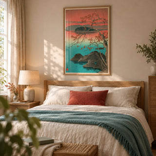 Hasui Kawase Maple Leaves Print, framed on the wall of a restful main bedroom in a UK home with a pale clay wall and warm timber furniture