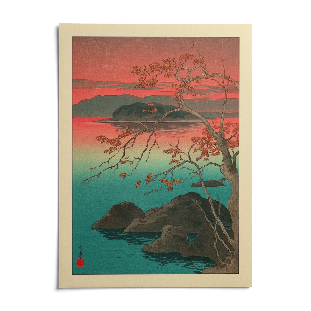 Hasui Kawase Maple Leaves Print, shown as an unframed paper print on a plain white background