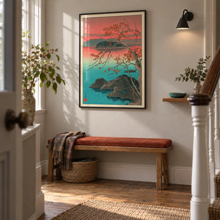 Hasui Kawase Maple Leaves Print, framed on the wall of a welcoming hallway in a renovated British terrace with pale warm-grey walls and original timber floorboards