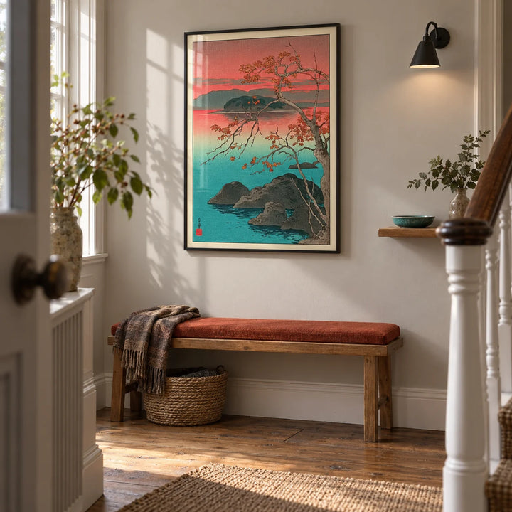Hasui Kawase Maple Leaves Print, framed on the wall of a welcoming hallway in a renovated British terrace with pale warm-grey walls and original timber floorboards