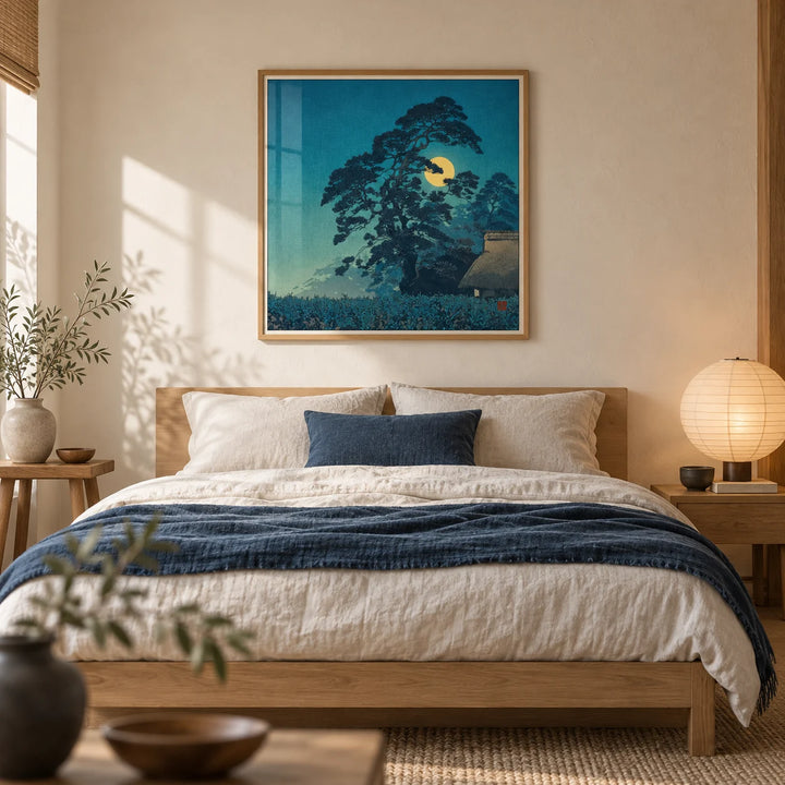 Hasui Kawase Moon Print, framed on the wall of a calm Japandi bedroom with a warm white plaster wall