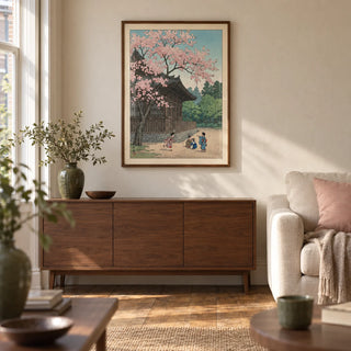 Hasui Kawase Poster, framed on the wall of a calm Japanese-influenced living room in a UK Victorian terrace with warm ivory plaster walls and oak floorboards