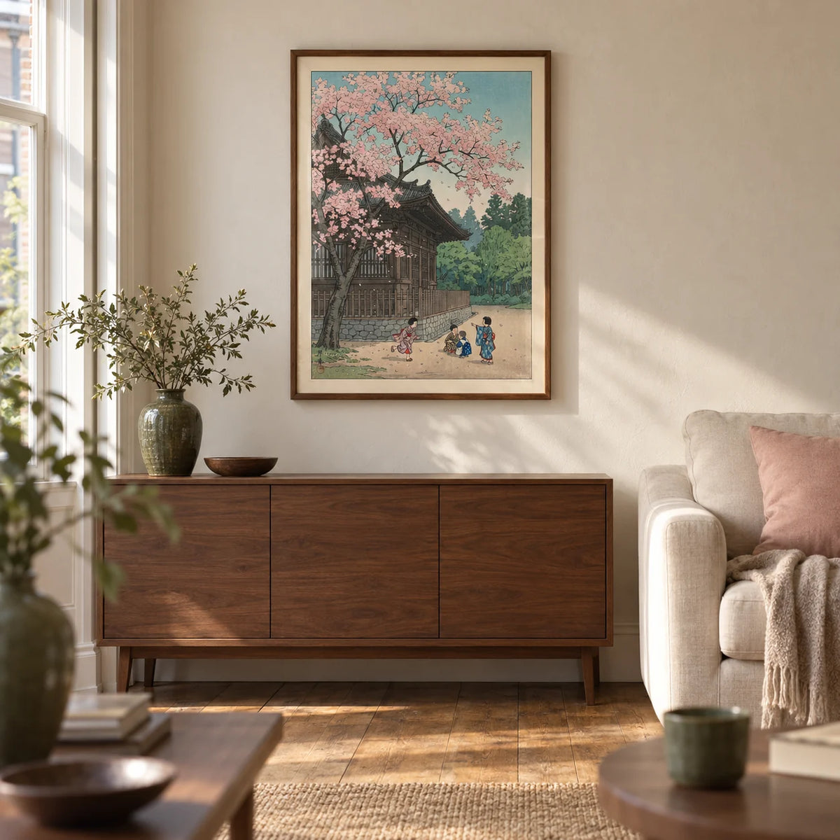 Hasui Kawase Poster, framed on the wall of a calm Japanese-influenced living room in a UK Victorian terrace with warm ivory plaster walls and oak floorboards