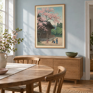 Hasui Kawase Poster, framed on the wall of a light dining room in a UK townhouse with pale blue walls and natural oak floorboards