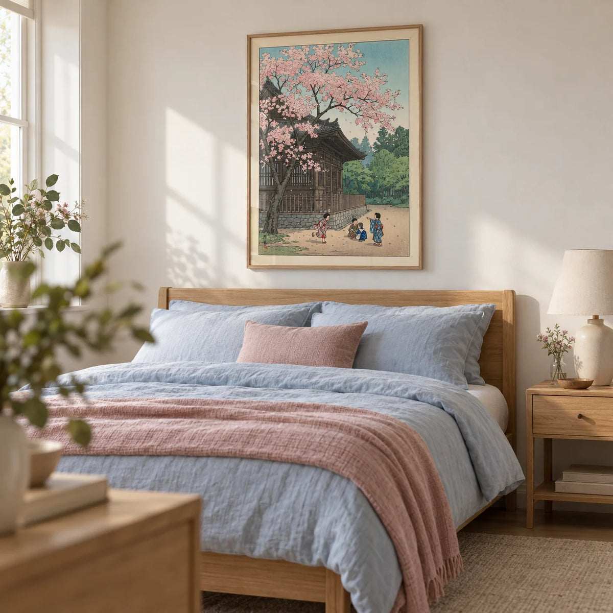 Hasui Kawase Poster, framed on the wall of a peaceful main bedroom in a UK home with a soft off-white wall and pale oak furniture