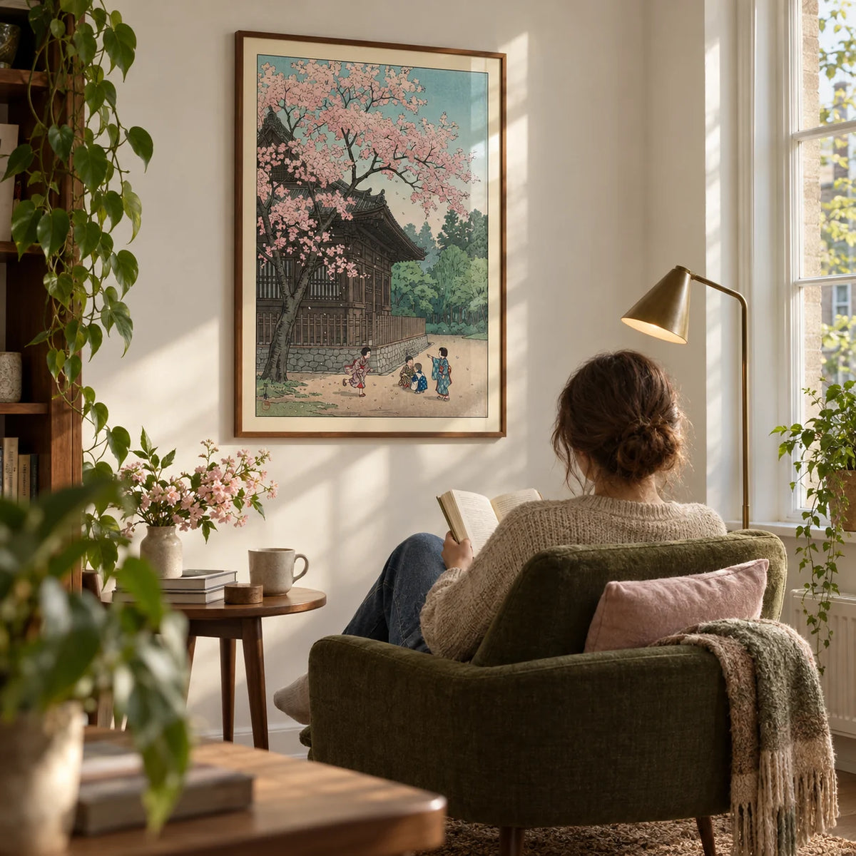 Hasui Kawase Poster, framed on the wall of a quiet reading corner in a UK flat with a warm white wall and a tall window in a living room