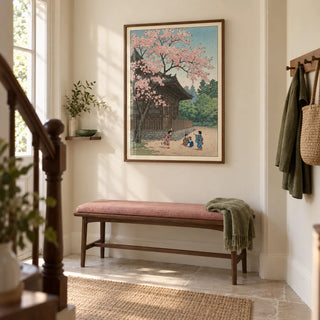Hasui Kawase Poster, framed on the wall of a welcoming hallway in a UK terraced home with warm cream walls and a plain limestone floor