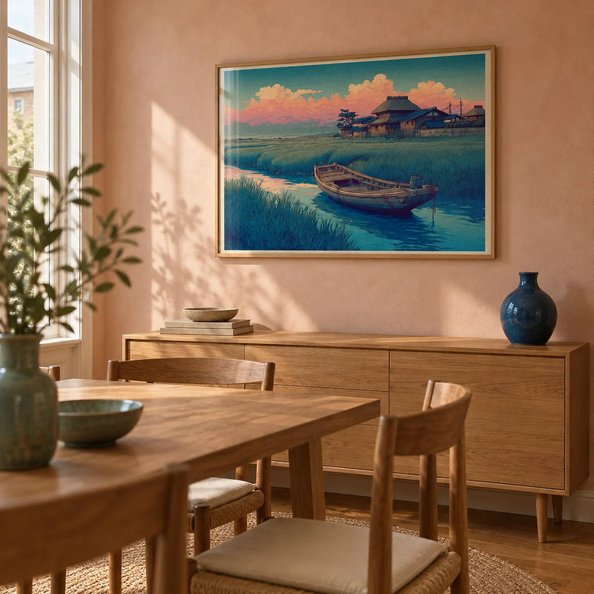 Hasui Kawase River Boat, framed on the wall of a compact dining room in a thoughtfully furnished UK flat with a muted peach plaster wall