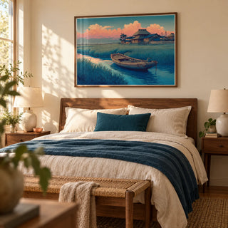 Hasui Kawase River Boat, framed on the wall of a peaceful adult bedroom with a pale cream wall and warm timber furniture