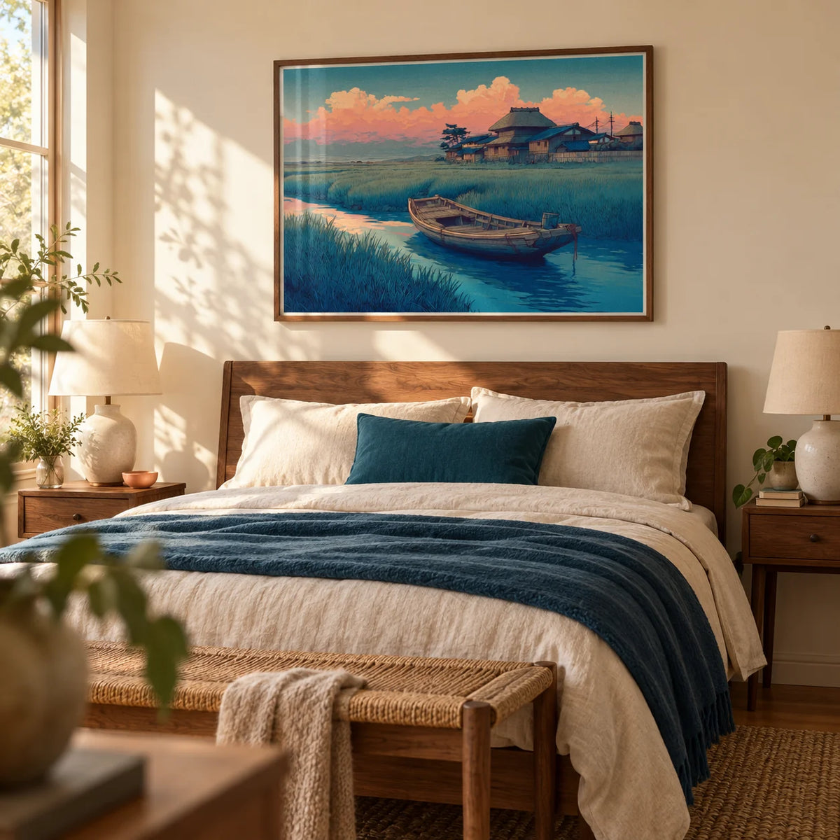 Hasui Kawase River Boat, framed on the wall of a peaceful adult bedroom with a pale cream wall and warm timber furniture