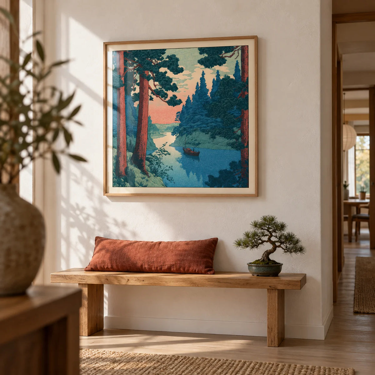 Hasui Kawase River Boat Print, framed on the wall of a calm hallway with a white plaster wall
