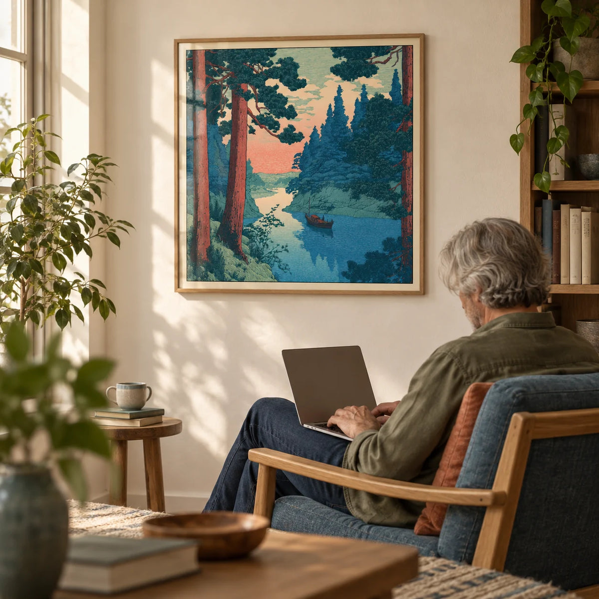 Hasui Kawase River Boat Print, framed on the wall of a quiet reading corner with a warm white wall in a living room