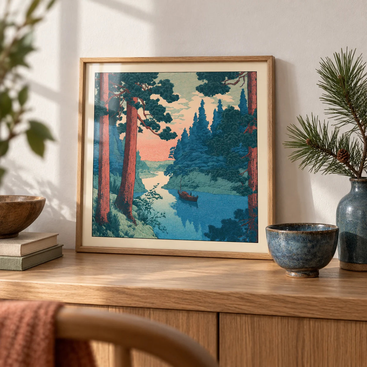 Hasui Kawase River Boat Print, a small A4 framed print leaning on an oak shelf in a living room