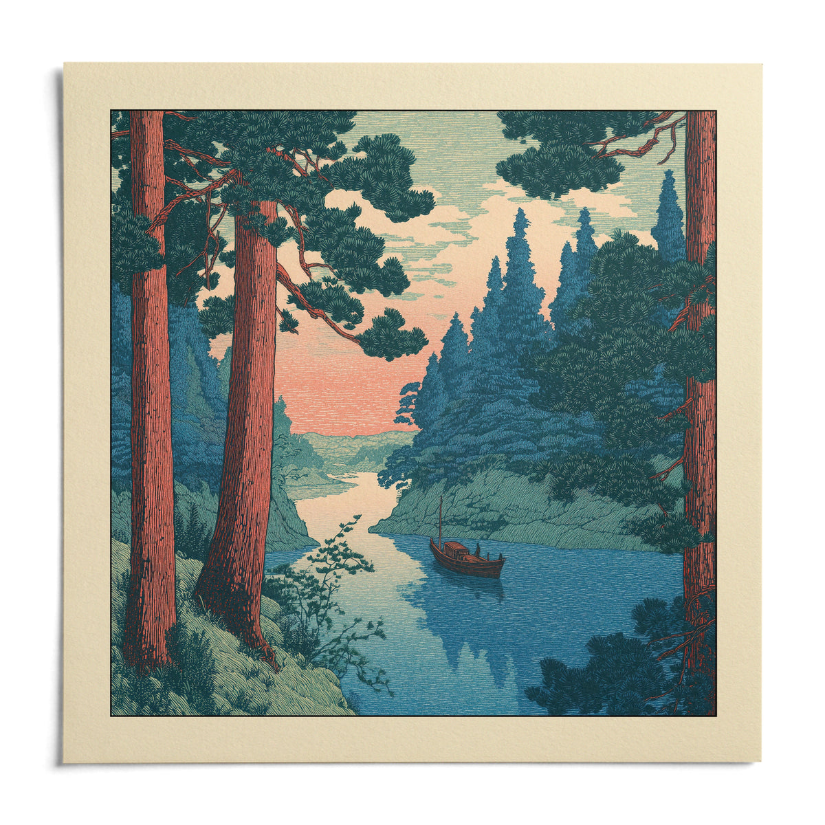 Hasui Kawase River Boat Print, shown as an unframed paper print on a plain white background