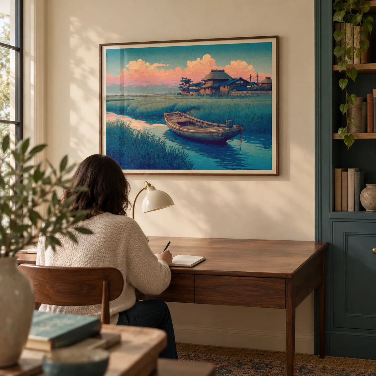 Hasui Kawase River Boat, framed on the wall of a quiet home study with a warm cream wall and a built-in teal cupboard