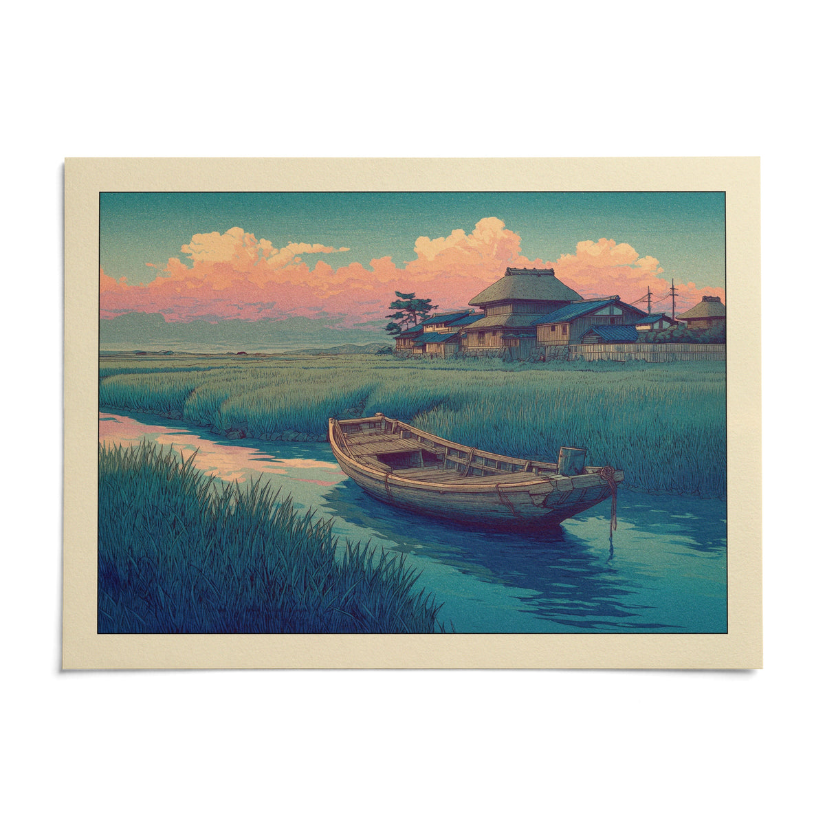 Hasui Kawase River Boat, shown as an unframed paper print on a plain white background