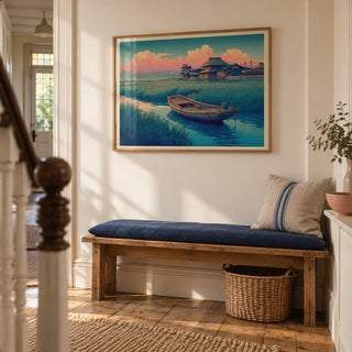 Hasui Kawase River Boat, framed on the wall of a welcoming hallway in a UK Victorian terrace with pale cream walls and simple oak floorboards