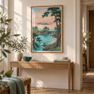 Hasui Kawase Sea Landscape Print, framed on the wall of a calm hallway with a warm white wall