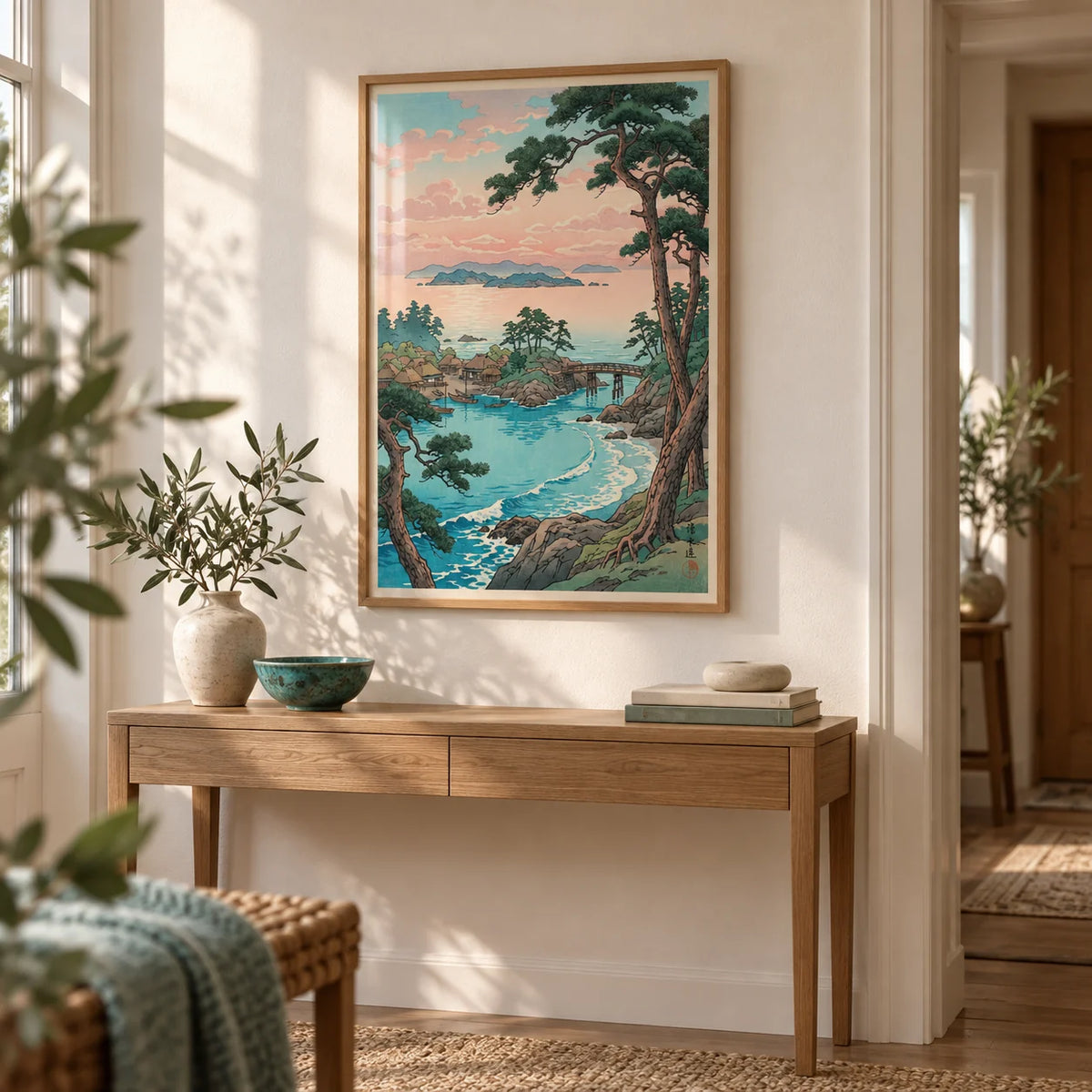 Hasui Kawase Sea Landscape Print, framed on the wall of a calm hallway with a warm white wall