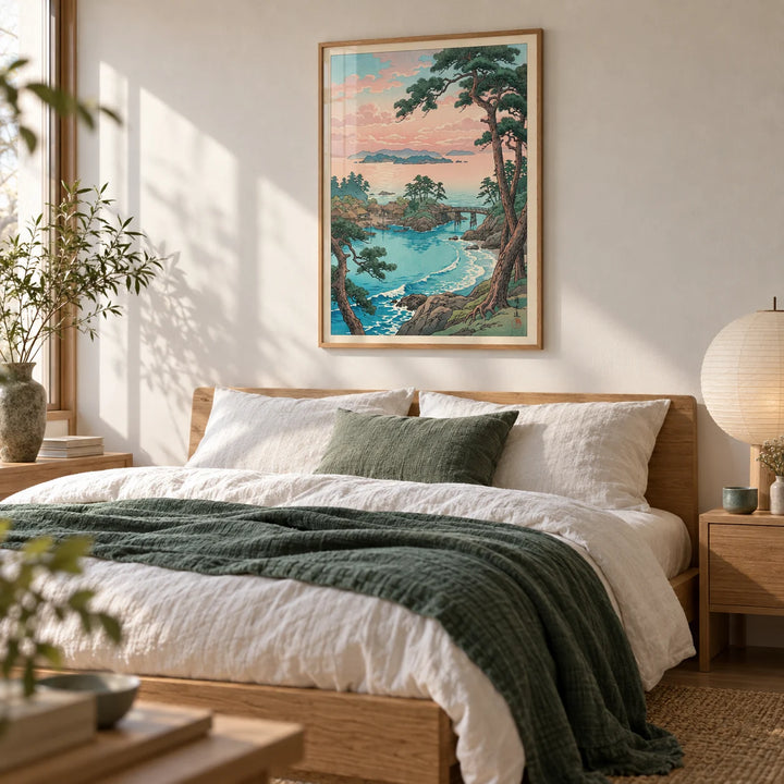 Hasui Kawase Sea Landscape Print, framed on the wall of a calm Japandi bedroom with a soft white wall