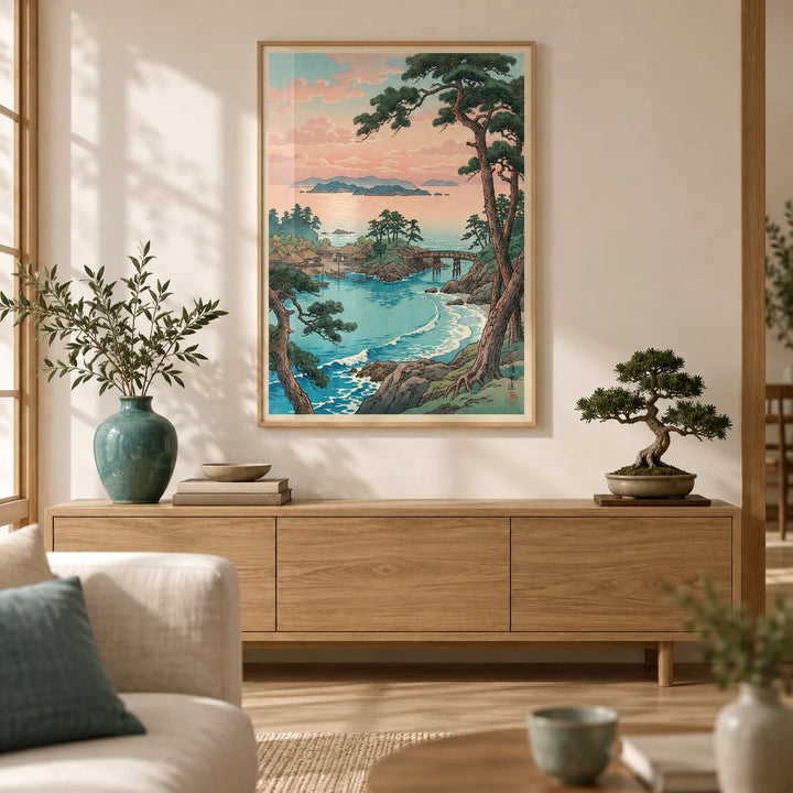 Hasui Kawase Sea Landscape Print, framed on the wall of a calm Japandi living room with a warm white wall and a pale oak floor