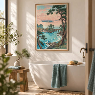 Hasui Kawase Sea Landscape Print, framed on the wall of a calm spa-like bathroom with a soft white wall and an oak bath stool