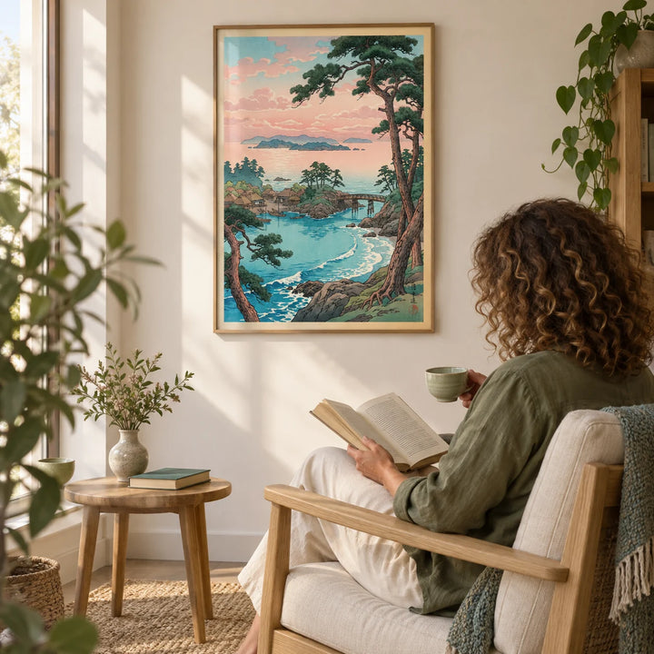 Hasui Kawase Sea Landscape Print, framed on the wall of a quiet reading corner with a warm white wall in a living room