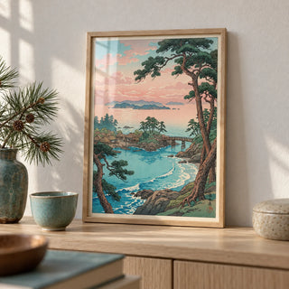 Hasui Kawase Sea Landscape Print, a small A4 framed print leaning on a pale oak shelf in a living room