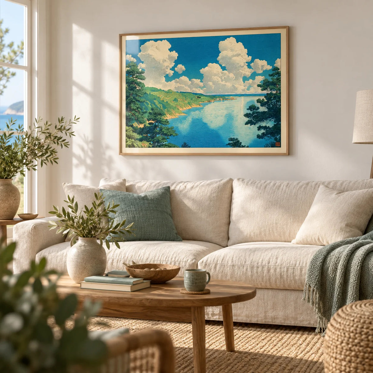 Hasui Kawase Seascape Print, framed on the wall of a calm coastal living room with a soft white wall